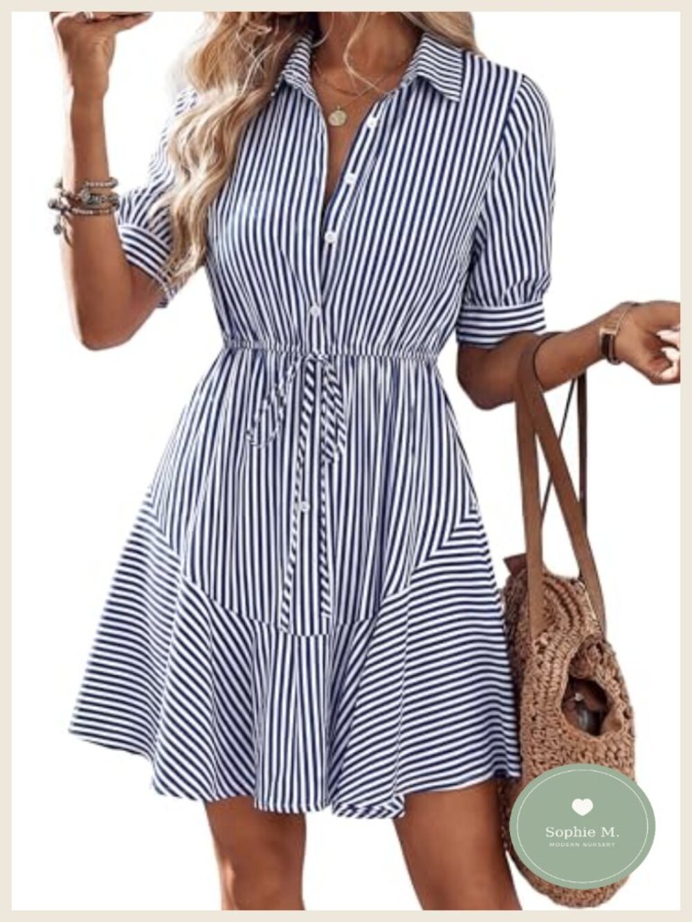 Women's Striped Mini Dress Button Down Collared V-Neck Short Sleeve